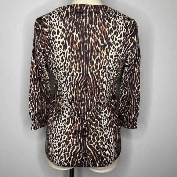 J Crew Merino Wool Top Womens Small Brown Animal Print Leopard 3/4 Sleeve Casual - Picture 2 of 8